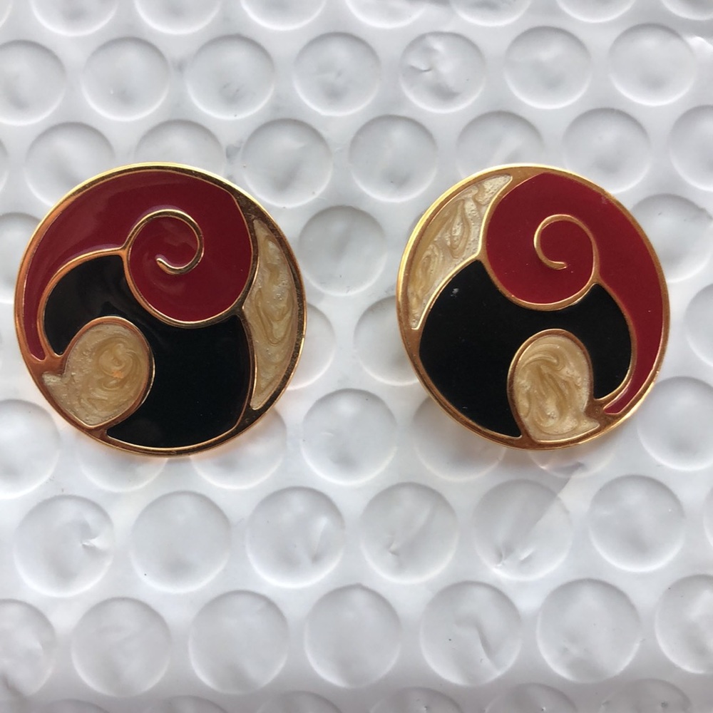 Vintage MCM Monet Red Black Beige Gold Enamel Pierced Earrings 1 1/4" Round